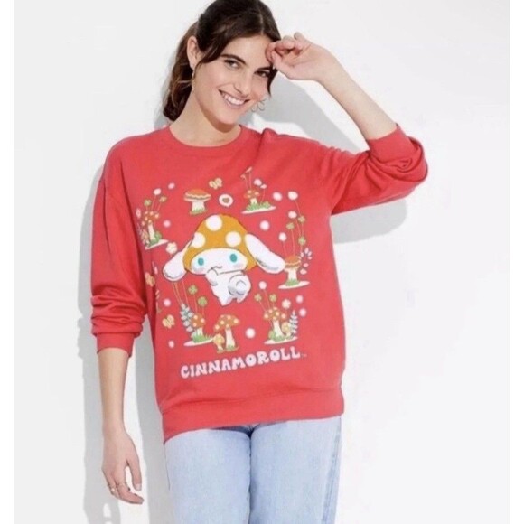 Sanrio Cinnamoroll Sweatshirt Women's L Red‎ Mushroom Crewneck Embroidered EUC - Picture 1 of 7